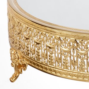 Gold-Plated Brass Decorative Mirror Tray with Ornate Chain Design