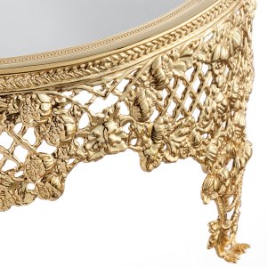Gold-Plated Brass Decorative Mirror Tray with Floral Lattice Design