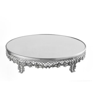 Silver-Plated Brass Decorative Mirror Tray with Intricate Floral Design
