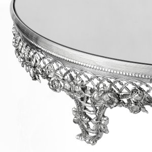 Silver-Plated Brass Decorative Mirror Tray with Intricate Floral Design