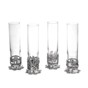 Set of 4 Slim Glass Vases with Silver-Plated Brass Bases