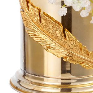 Gold-Plated Cylindrical Brass Vase with Feather Detail