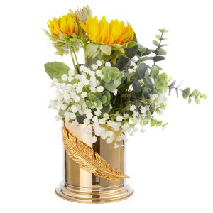 Gold-Plated Cylindrical Brass Vase with Feather Detail