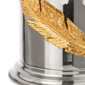 Silver-Plated Cylindrical Brass Vase with Feather Detail