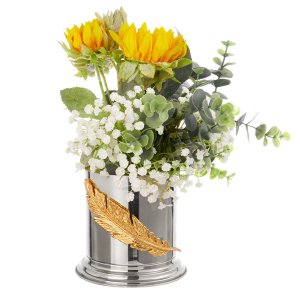 Silver-Plated Cylindrical Brass Vase with Feather Detail