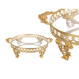 Golden Bloom – Ornate Brass Stand Tray with Glass Top