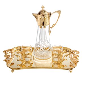 Royal Elegance Set – Golden-Plated Brass Tray with Crystal Pitcher & Glasses