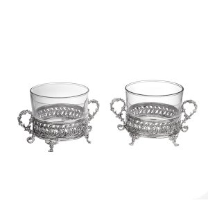 Pair of Vintage Silver-Plated Glass Cups with Handles