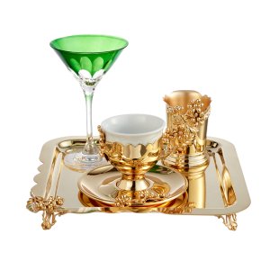 Gold-Tone Coffee Cup Serving Set with Botanical Detailing