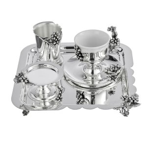 Silver-Plated Coffee Cup Serving Set with Botanical Motifs