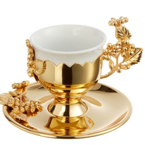 Gold-Tone Coffee Cup with Floral & Berry Embellishments – Botanical Opulence in Silver-Plated Brass