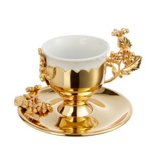 Gold-Tone Coffee Cup with Floral & Berry Embellishments – Botanical Opulence in Silver-Plated Brass