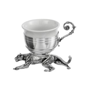Silver-Plated Coffee Cup with Panther Base and Botanical Handle – Wild Elegance in Brass