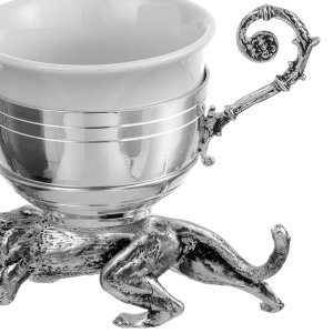 Silver-Plated Coffee Cup with Panther Base and Botanical Handle – Wild Elegance in Brass