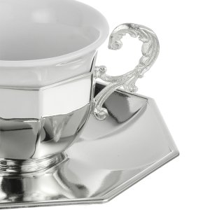Silver-Plated Octagonal Coffee Cup with Ornate Handle – Geometric Elegance in Brass