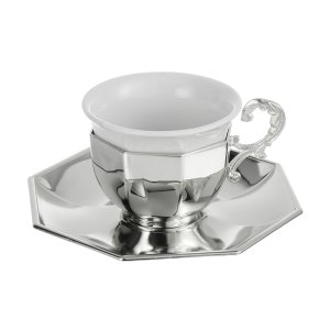 Silver-Plated Octagonal Coffee Cup with Ornate Handle – Geometric Elegance in Brass