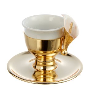 Gold-Tone Coffee Cup with Calla Lily Handle – Floral Elegance in Silver-Plated Brass
