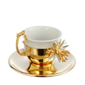 Gold-Tone Coffee Cup with Floral Embellishment – Luxurious Botanical Art in Silver-Plated Brass
