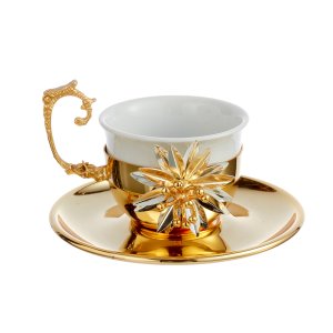 Gold-Tone Coffee Cup with Floral Embellishment – Luxurious Botanical Art in Silver-Plated Brass