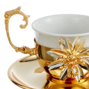 Gold-Tone Coffee Cup with Floral Embellishment – Luxurious Botanical Art in Silver-Plated Brass