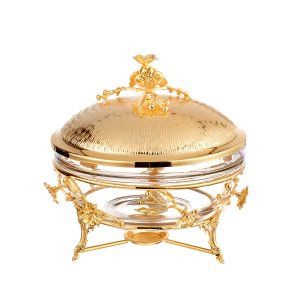 Floral Motif Gold-Plated Chafing Dish with Glass Bowl
