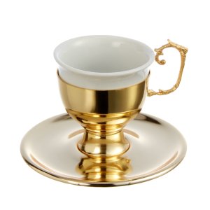 Gold-Tone Coffee Cup with Elegant Scroll Handle – Timeless Grace in Silver-Plated Brass