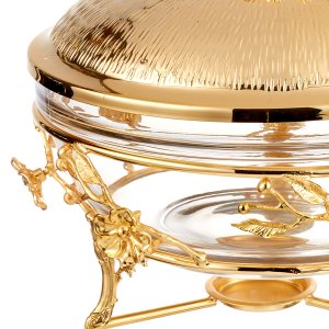 Floral Motif Gold-Plated Chafing Dish with Glass Bowl