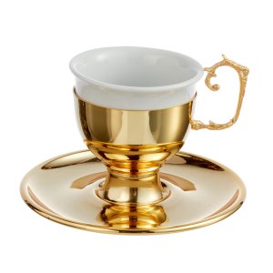 Gold-Tone Coffee Cup with Elegant Scroll Handle – Timeless Grace in Silver-Plated Brass