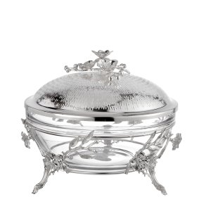 Floral Motif Silver-Plated Chafing Dish with Glass Bowl