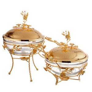Golden Twin Chafing Dish Set with Floral Link Design