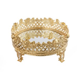 Gold-Plated Ornate Mirror Tray with Floral Motif