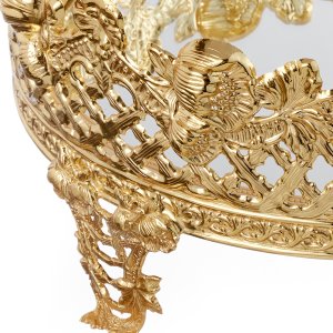 Gold-Plated Ornate Mirror Tray with Floral Motif
