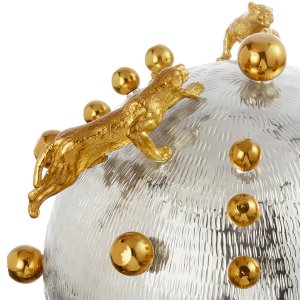 Silver-Plated Decorative Sphere with Golden Leopard Motifs – Contemporary Art Object