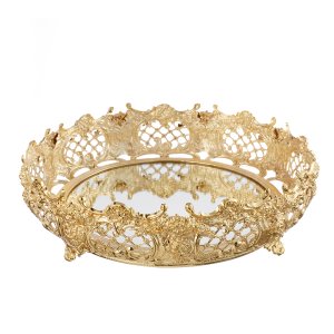 Antique-Style Decorative Mirror Tray in Gold Finish