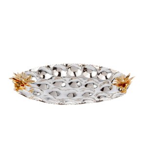Silver Bloom – Polished Brass Tray with Golden Lotus Accents