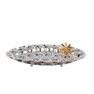 Celestial Petal – Silver-Plated Brass Tray with Single Golden Bloom