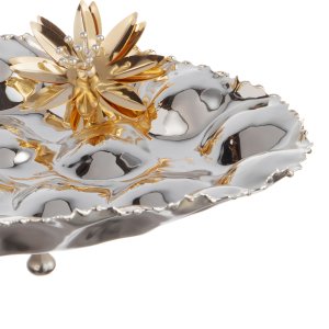 Celestial Petal – Silver-Plated Brass Tray with Single Golden Bloom