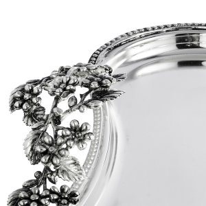 Silver Flora – Rectangular Brass Tray with Floral Handles and Elegant Feet