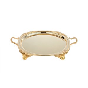 Imperial Oval – Golden-Plated Brass Tray with Sculpted Handles and Feet