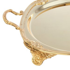 Imperial Oval – Golden-Plated Brass Tray with Sculpted Handles and Feet