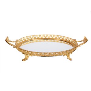 Golden Crown – Mirrored Brass Tray with Regal Filigree Frame