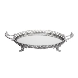 Silver Crown – Mirrored Oval Brass Tray with Ornate Gallery Border