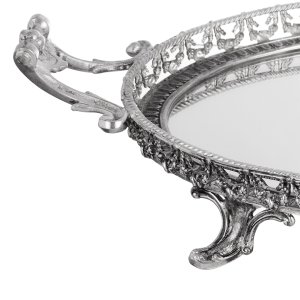 Silver Crown – Mirrored Oval Brass Tray with Ornate Gallery Border