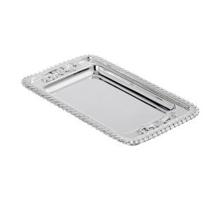 Celeste Silver – Rectangular Brass Tray with Beaded Edge and Floral Relief