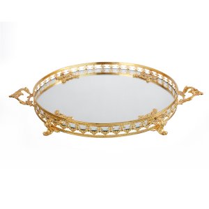 Imperial Mirror – Gold Plated Brass Oval Tray with Decorative Handles