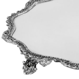 Silver-Plated Brass Decorative Tray with Ornate Border and Feet