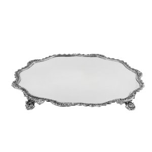 Silver-Plated Brass Decorative Tray with Ornate Border and Feet