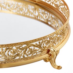 Gold-Plated Brass Mirrored Tray with Intricate Floral Border
