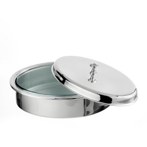 Oval Glass Casserole Dish with Silver Lid – Narrow Rim