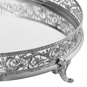 Silver-Plated Brass Mirrored Tray with Intricate Floral Border